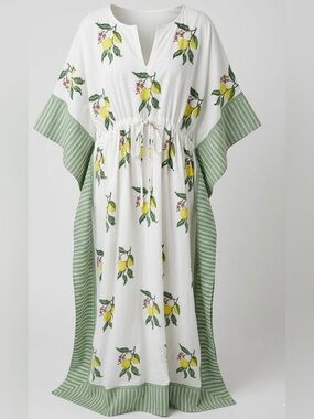 CJ Laing Lemon Print Cotton Kaftan Maxi Dress Luxury Resort Cruise Boho OS